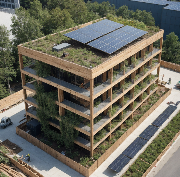 Eco-friendly construction with green roof and solar panels